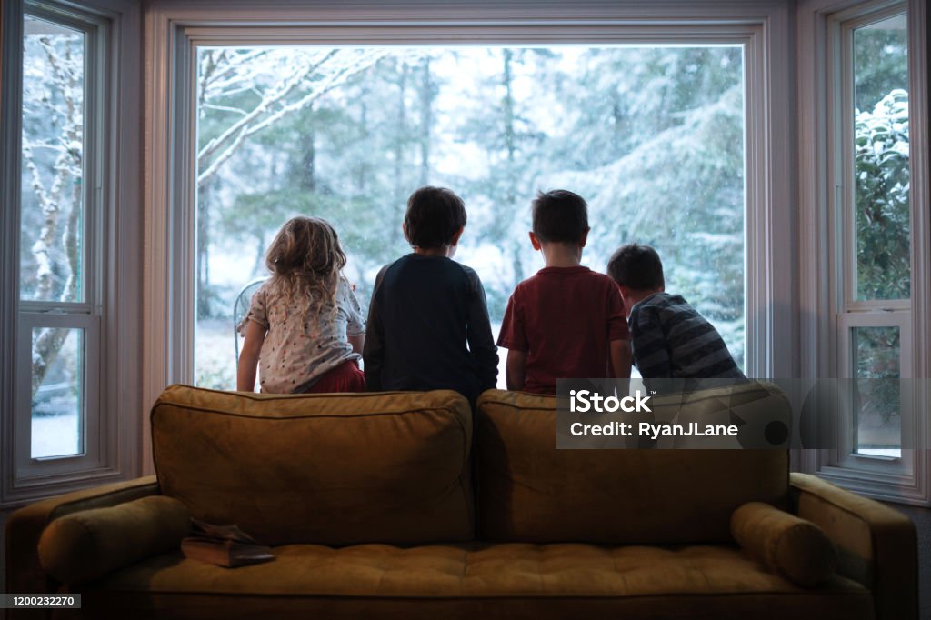 Children Looking Out the Window At Falling Snow A group of elementary aged kids sit on the back of their living room couch, watching the winter snowflakes fall on their yard and trees.  Washington State, USA. Winter Stock Photo