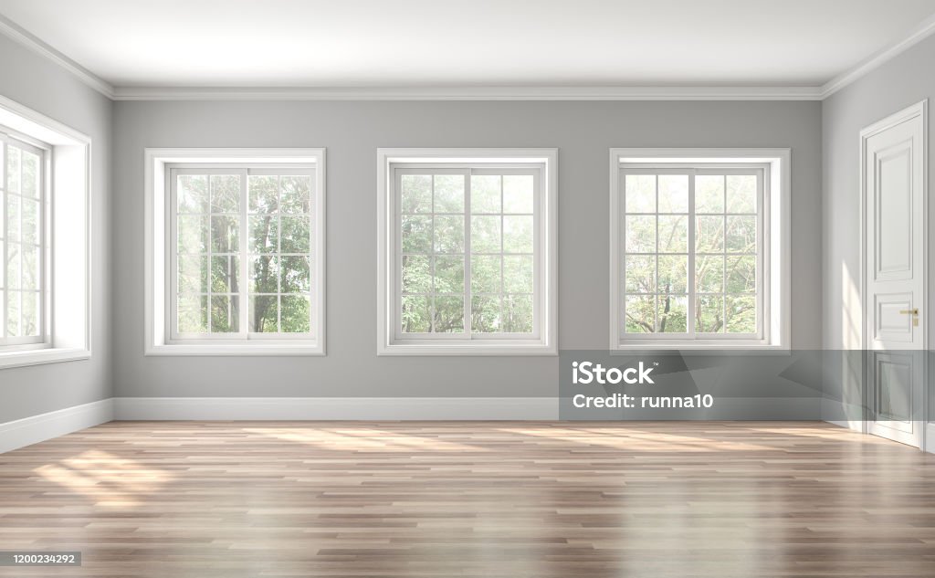 Sala vacía clásica interior 3d render - Foto de stock de Ventana libre de derechos