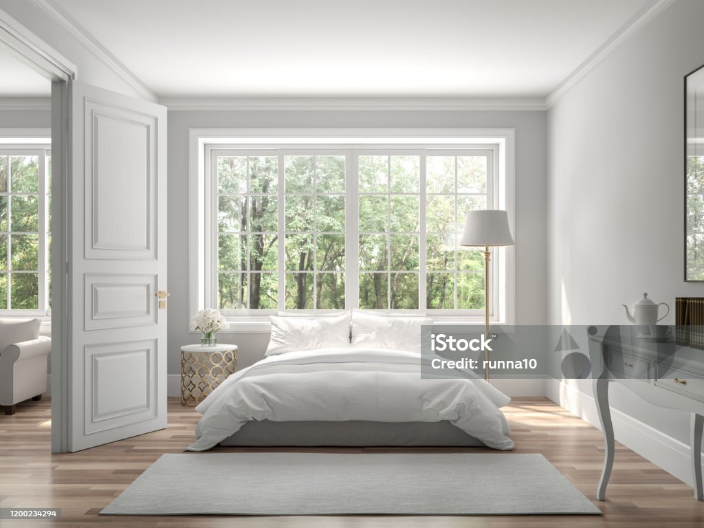 Classical bedroom and living room 3d render Classical bedroom and living room 3d render,The rooms have wooden floors and gray walls ,decorate with white and gold furniture,There are large window looking out to the nature view. Bedroom Stock Photo