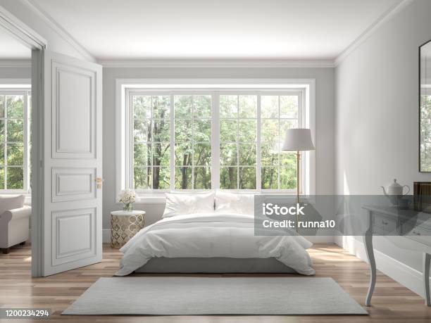 Classical Bedroom And Living Room 3d Render Stock Photo - Download Image Now - Bedroom, Window, Luxury