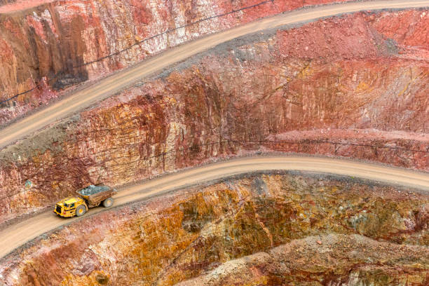 New Cobar Gold Mine Open cut Gold mine, with Haul truck driving up road. Located in Cobar NSW Australia. gold mine photos stock pictures, royalty-free photos & images