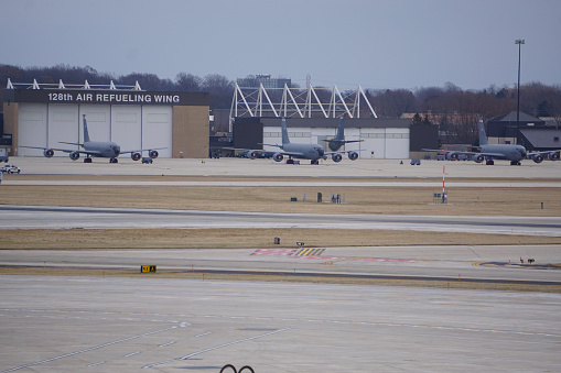 View of the Wisconsin Air National Guard hangar and refueling planes at Milwaukee's Mitchell International Airport. This is the home of the 128th Air Refueling Wing with Boeing KC 135 Stratotankers at the ready.