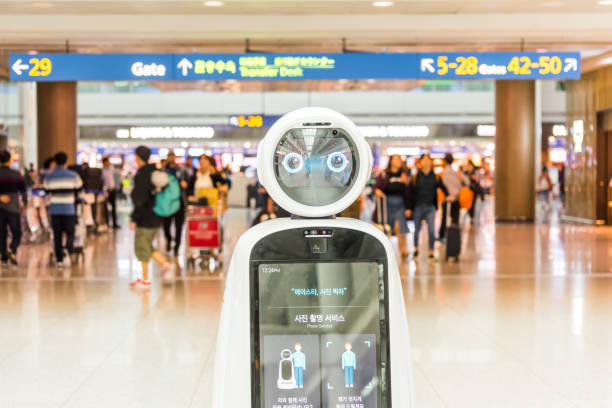 Information Robot at the Seoul-Incheon International Airport, the primary airport serving the Seoul Capital Area, and one of the largest and busiest airports in the world stock photo