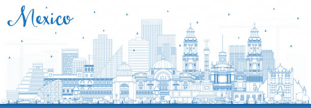 ilustrações de stock, clip art, desenhos animados e ícones de outline mexico city skyline with blue buildings. - architecture art backgrounds church