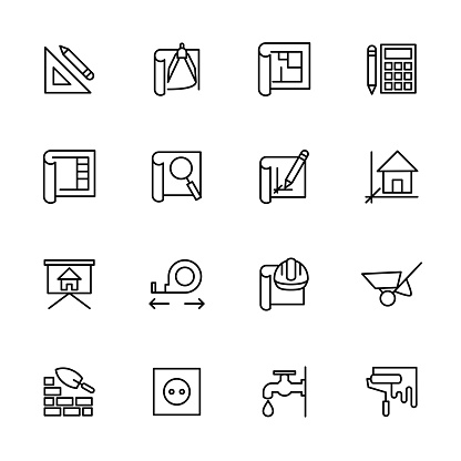 Line icon set of architect working step, start from concept, design, calculating, budgeting, revision, 3d modeling, presentation, planning, building and finishing. Editable stroke, vector isolated.