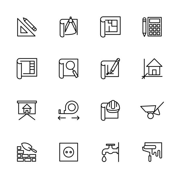 Line icon set of architect working step, Line icon set of architect working step, start from concept, design, calculating, budgeting, revision, 3d modeling, presentation, planning, building and finishing. Editable stroke, vector isolated. engineer designs stock illustrations