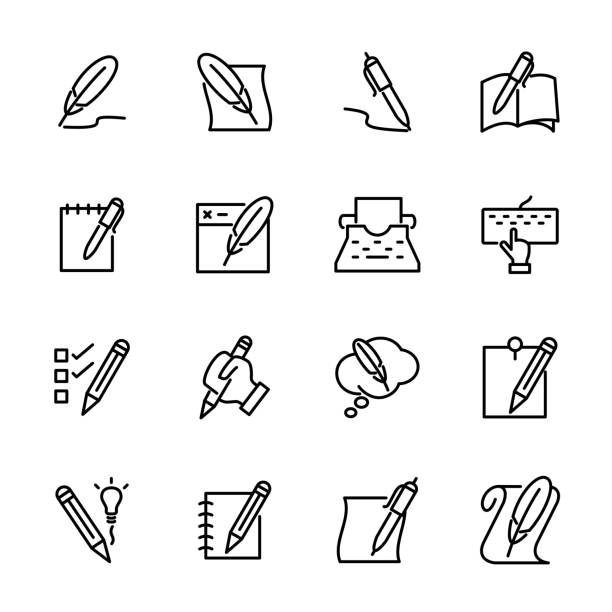 쓰기 활동과 관련된 줄 아이콘 세트 - scribe stock illustrations