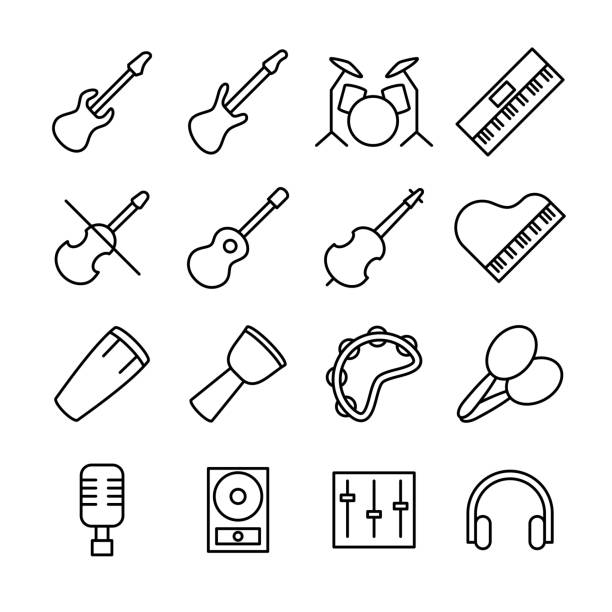 Linear icon set related of musical industry. Linear icon set related of musical industry. Contain musical instrument and audio equipment. Editable stroke vector, isolated at white background contra bassoon stock illustrations