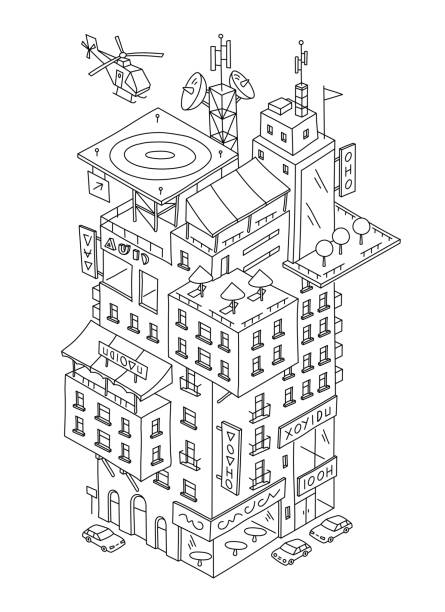 Multilevel Cartoon Building Fantasy Print Sketch Multistorey House Exterior  Hand Drawn Line Freehand Drawing Black Line Flat Vector Stock Illustration  - Download Image Now - iStock