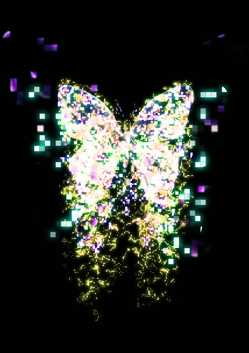 Particles splatter from a glowing abstract butterfly