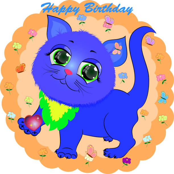 istock birthday greeting card with blue cat. cartoon vector illustration with kitty. 1200261218