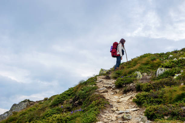 istock Woman with backpack trekking in high mountain route. 1200262771