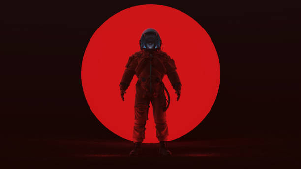 astronauta con un traje espacial de escape de tripulación avanzada roja de pie en un vacío alienígena con una cara clara de la mujer de la visera con una gran esfera alienígena roja en una vista frontal de niebla oscura - characters exploration colors old fashioned fotografías e imágenes de stock