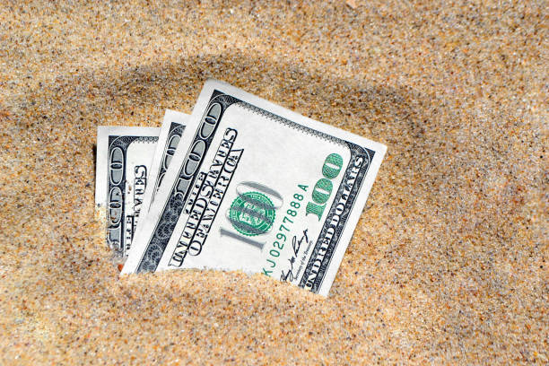 istock Money dolars half covered with sand lie on beach close-up 1200265442