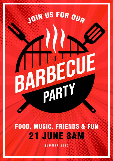 Lovely vector barbecue party invitation design template. Trendy BBQ cookout poster design with classic charcoal grill, fork, cooking paddle and sample text. Pop Art style background. Vector