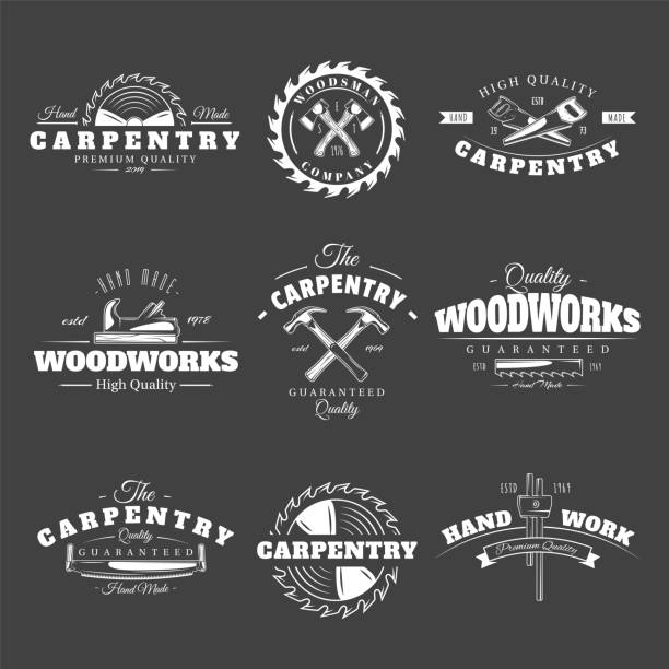 Vintage carpentry labels Set of vintage carpentry labels. Templates for the design of logos and emblems. Collection of carpentry symbols: saw, hammer, axe. Vector illustration carpenter stock illustrations