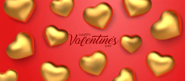 ilustrações de stock, clip art, desenhos animados e ícones de happy valentines day. awesome red background with realistic 3d glossy golden hearts. amazing design horizontal red banner with glitter chocolate hearts in gold foil. vector illustration - february three dimensional shape heart shape greeting