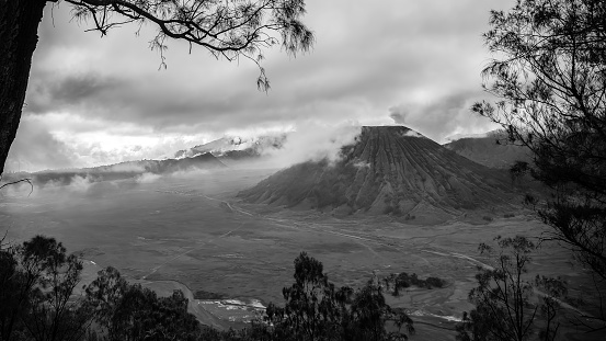 Black and white birds eye photo of the road through the Andes from Chile to Argentina