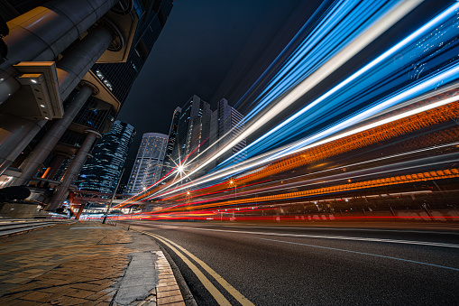 Modern city traffic at night, Hong Kong