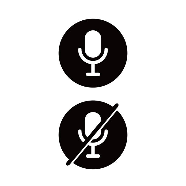 Microphone Audio Muted. No microphone. Microphones on and off Microphone Audio Muted. No microphone. Microphones on and off in black circle. microphone icons stock illustrations