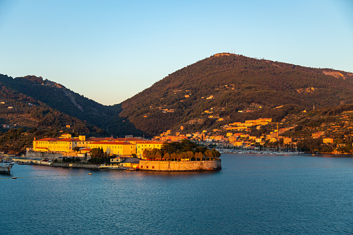 View from a cruise ship at sunrise in the harbor of La Spezia, Italy.
