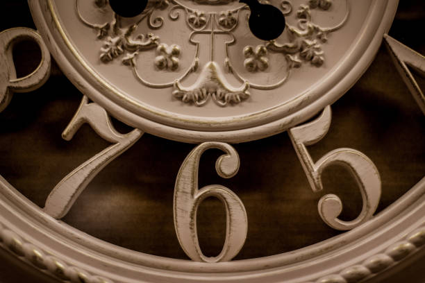 istock Wall mounted clocks old vintage gothic  concept of numbers shape and hour hands with empty space for copy or text on beige background 1200297900