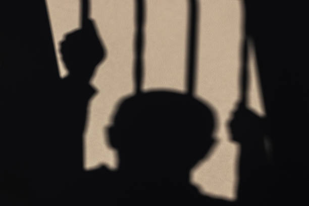 istock Shadow of captive behind bars projected on a white wall. 1200304078