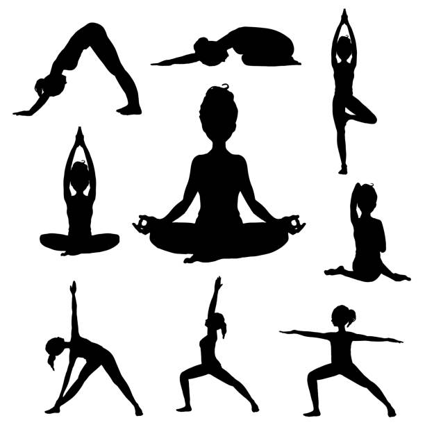 ilustrações de stock, clip art, desenhos animados e ícones de silhouette illustration of a woman doing various yoga poses - concentration flexibility full length healthy lifestyle