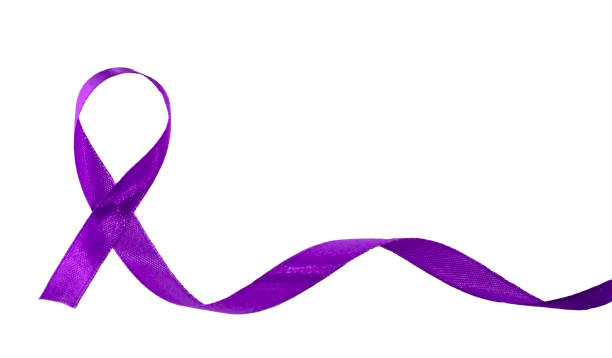 фиолетовая лента осведомленности на белом фоне. - purple ribbon alzheimers disease alertness стоковые фото и изображения