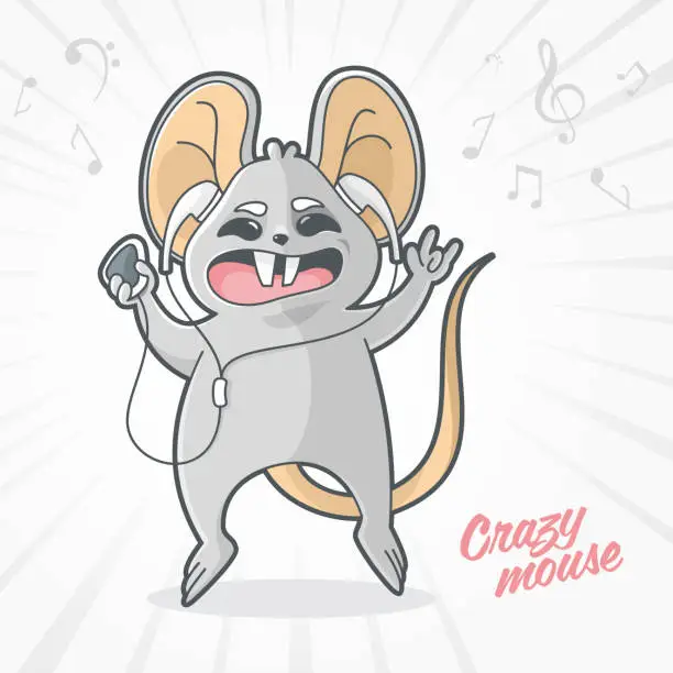 Vector illustration of Cartoon character, crazy mouse listening to music with headphones and player in hand. Musical theme. Vector