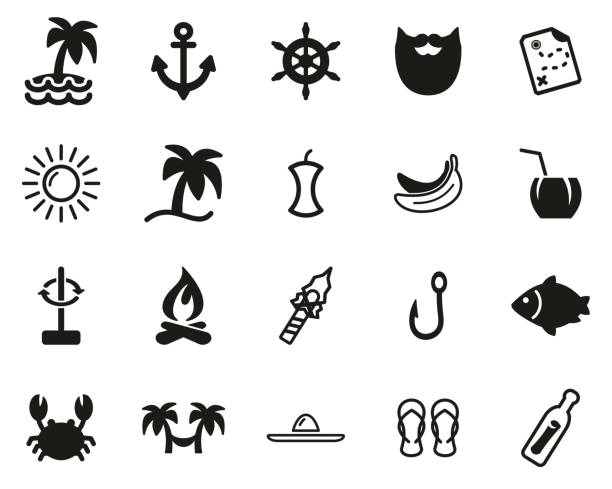 desert island icons schwarz & weiß set big - message in a bottle beached bottle desert island stock-grafiken, -clipart, -cartoons und -symbole