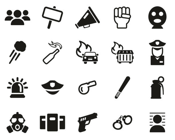 demonstrations- oder protest-ikonen schwarz-weiß-set big - shaking fist flash stock-grafiken, -clipart, -cartoons und -symbole