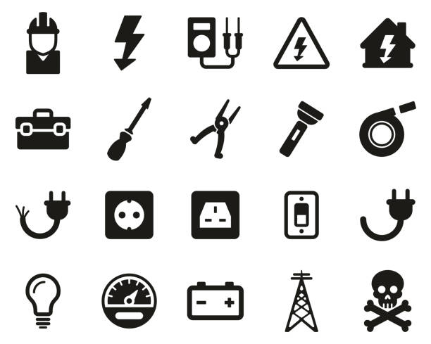 электрик инструменты и оборудование иконки черный и белый набор большой - black flashlight light bulb electricity stock illustrations