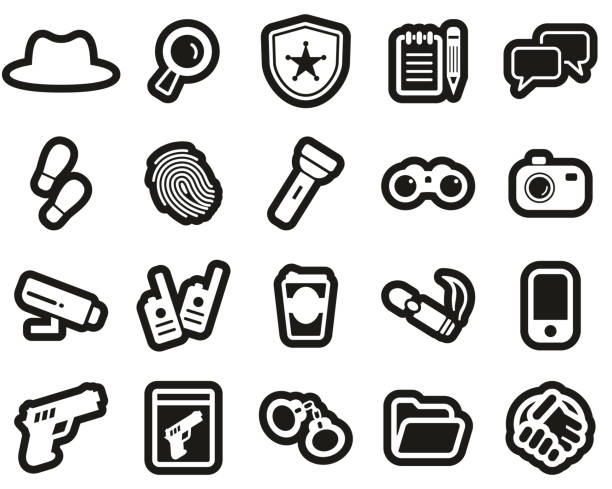 detektivní nebo soukromé oční ikony bílé na černé nálepce set velký - podání ruky fotky stock ilustrace