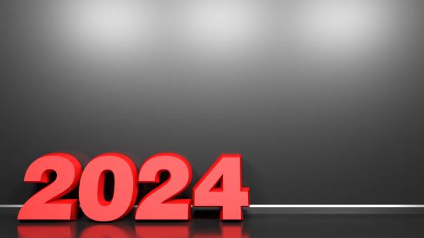 2024 red write at black glossy wall background - 3D rendering illustration
