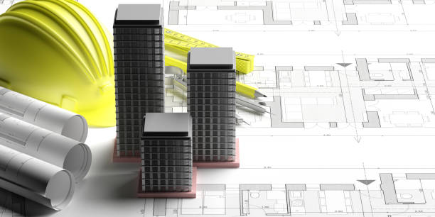 budowa wieżowca, plany tła. ilustracja 3d - architect three dimensional shape business skyscraper zdjęcia i obrazy z banku zdjęć