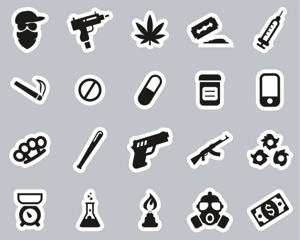 Drug Dealer Or Drug Cartel Icons Black & White Sticker Set Big Drug Dealer Or Drug Cartel Icons Black & White Set Big drug cartel stock illustrations