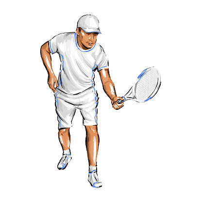 Tennis player, abstract geometric vector illustration, sport tennis man with a racket in a jump, hand-drawn brush strokes