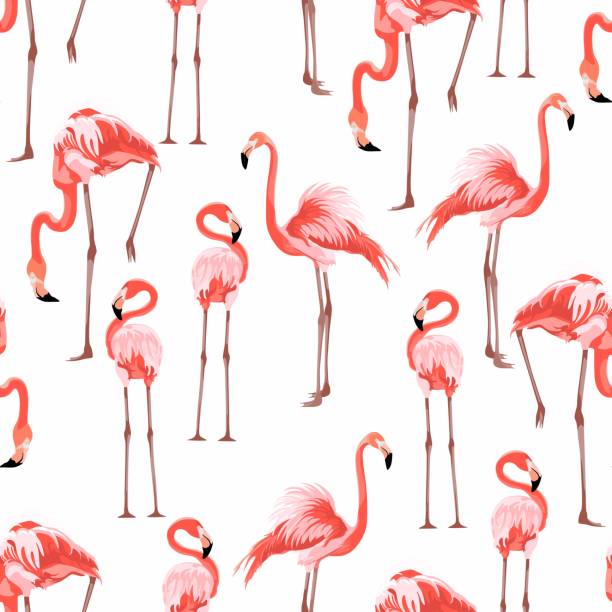istock Pink flamingo, white background. Floral seamless pattern. Tropical illustration. Exotic plants, birds. Summer beach design. Paradise nature. 1200313768