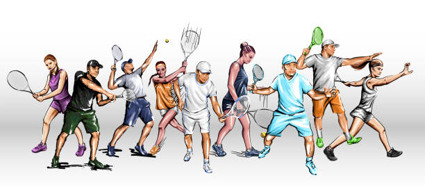 테니스 선수 소녀와 테니스를 치는 남자의 실루엣을 설정 - tennis serving silhouette racket stock illustrations