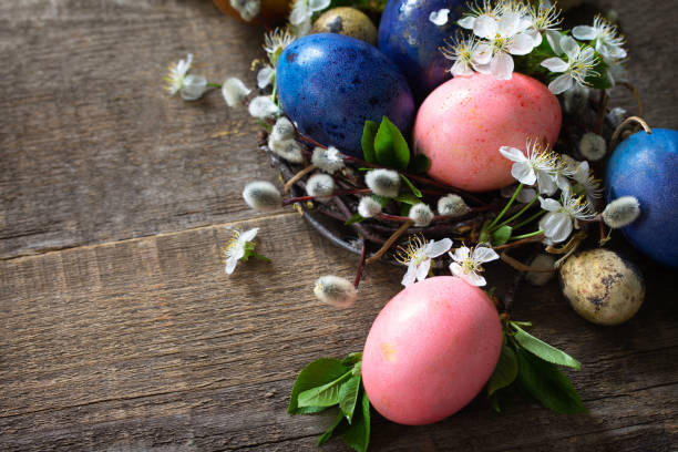 istock Colored Easter eggs in the nest with spring flowers on a gray wooden background. Copy space. 1200315847