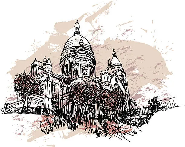 Vector illustration of Europe Paris Sacre Coeur Basilica under snow