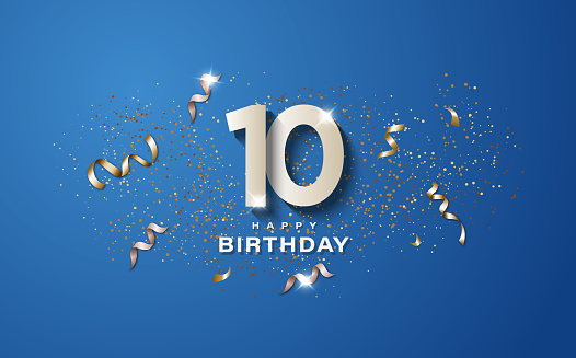 10th birthday with white numbers on a blue background. Happy birthday banner concept event decoration. Illustration stock