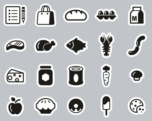 Grocery List Icons Black & White Sticker Set Big Grocery List Icons Black & White Set Big apple pie cheese stock illustrations