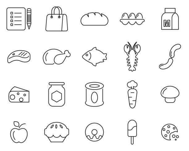 Grocery List Icons Black & White Thin Line Set Big Grocery List Icons Black & White Set Big apple pie cheese stock illustrations