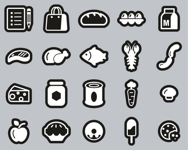 Grocery List Icons White On Black Sticker Set Big Grocery List Icons Black & White Set Big apple pie cheese stock illustrations
