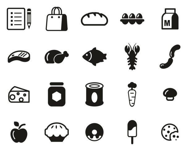 Grocery List Icons Black & White Set Big Grocery List Icons Black & White Set Big apple pie cheese stock illustrations