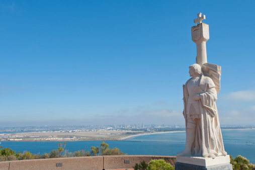 Juan Rodríguez Cabrillo statue and panorama of San Diego, California