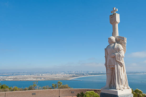 Point Loma panorama Juan Rodríguez Cabrillo statue and panorama of San Diego, California national monument stock pictures, royalty-free photos & images