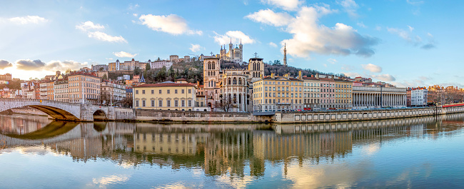 Lyon, France - January, 2020 : Cathedral Saint Jean and Basilica Notre-Dame de Fourviere, iconic symbols and main landmarks of Lyon, region Auvergne-Rhone-Alpes, Rhone, France